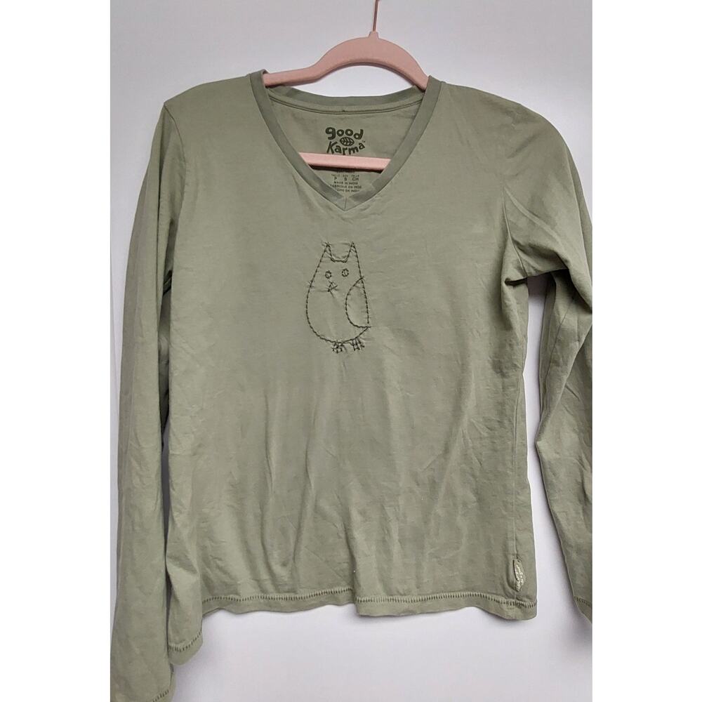 Good Karma by Life is Good Long Sleeve Olive Green Tee with Embroderded Owl SM